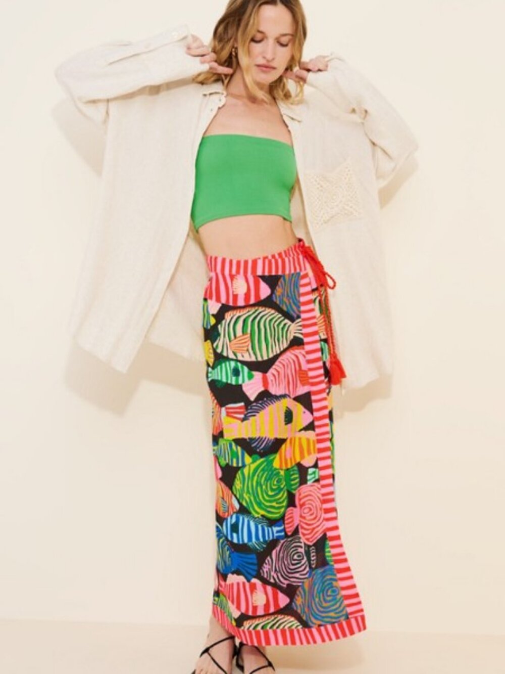 Farm Rio Fish Print Midi Wrap Skirt Black Pink Sarong M